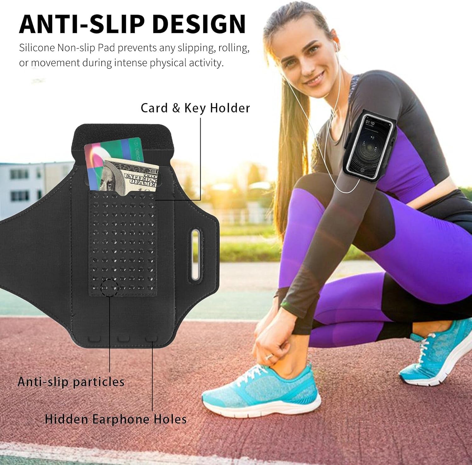 Woman runner with armband showing comfortable fit during exercise