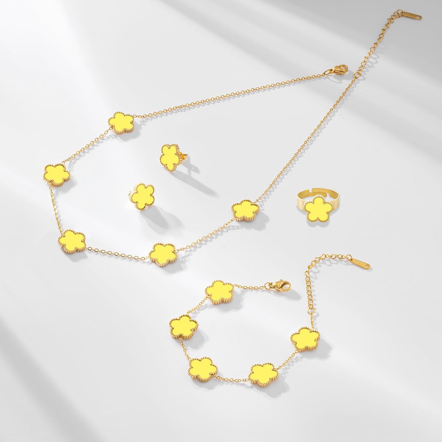 Gold Plated Stainless Steel Four Leaf Clover Bracelet Necklace Earrings and Ring Jewelry Set for Women