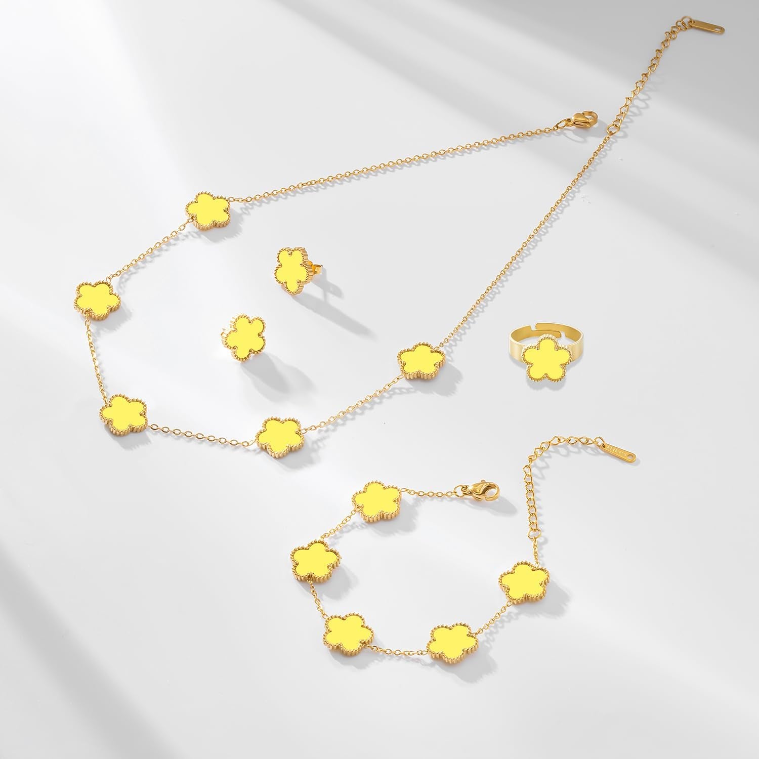 Gold Plated Stainless Steel Four Leaf Clover Bracelet Necklace Earrings and Ring Jewelry Set for Women