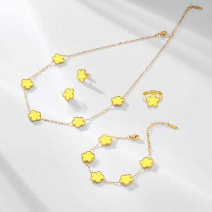 Gold Plated Stainless Steel Four Leaf Clover Bracelet Necklace Earrings and Ring Jewelry Set for Women