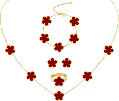Gold Plated Stainless Steel Four Leaf Clover Bracelet Necklace Earrings and Ring Jewelry Set for Women