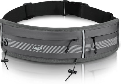Flat lay of yellow women's running belt with all pockets and features displayed