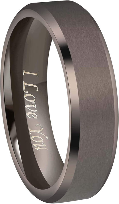 Crownal 4Mm 6Mm 8Mm Black/Silver/Gunmetal/Gold Tungsten Wedding Couple Bands Rings Men Women Matte Brushed Finish Center Engraved "I Love You" Size 4 to 17