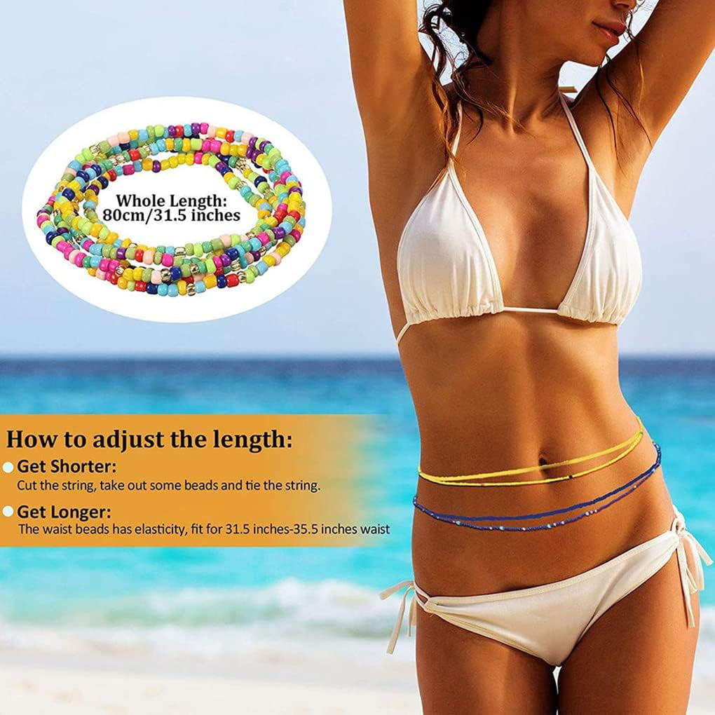TOBENY SHIWE 24PCS Waist Bead Chains for Women Colorful Summer Body Chains Belly Beads Bikini Jewelry Chains Bead Waist Chains Set