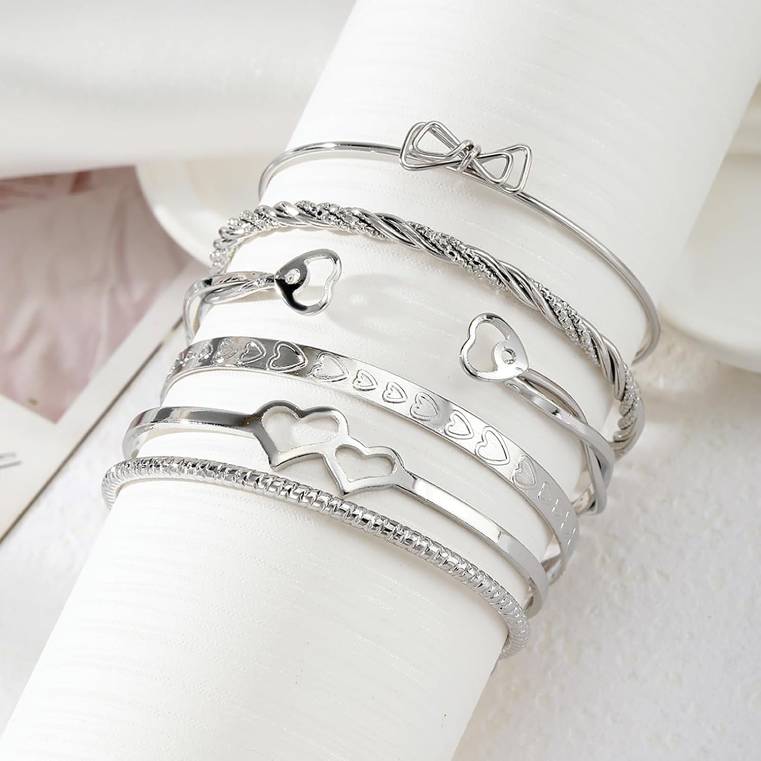 17IF Silver Bangle Bracelet for Women, 14K Multilayer Charm Textured Stackable Bracelets Lightning Bangles Indian Chunky Cuff Fashion Jewelry Gift