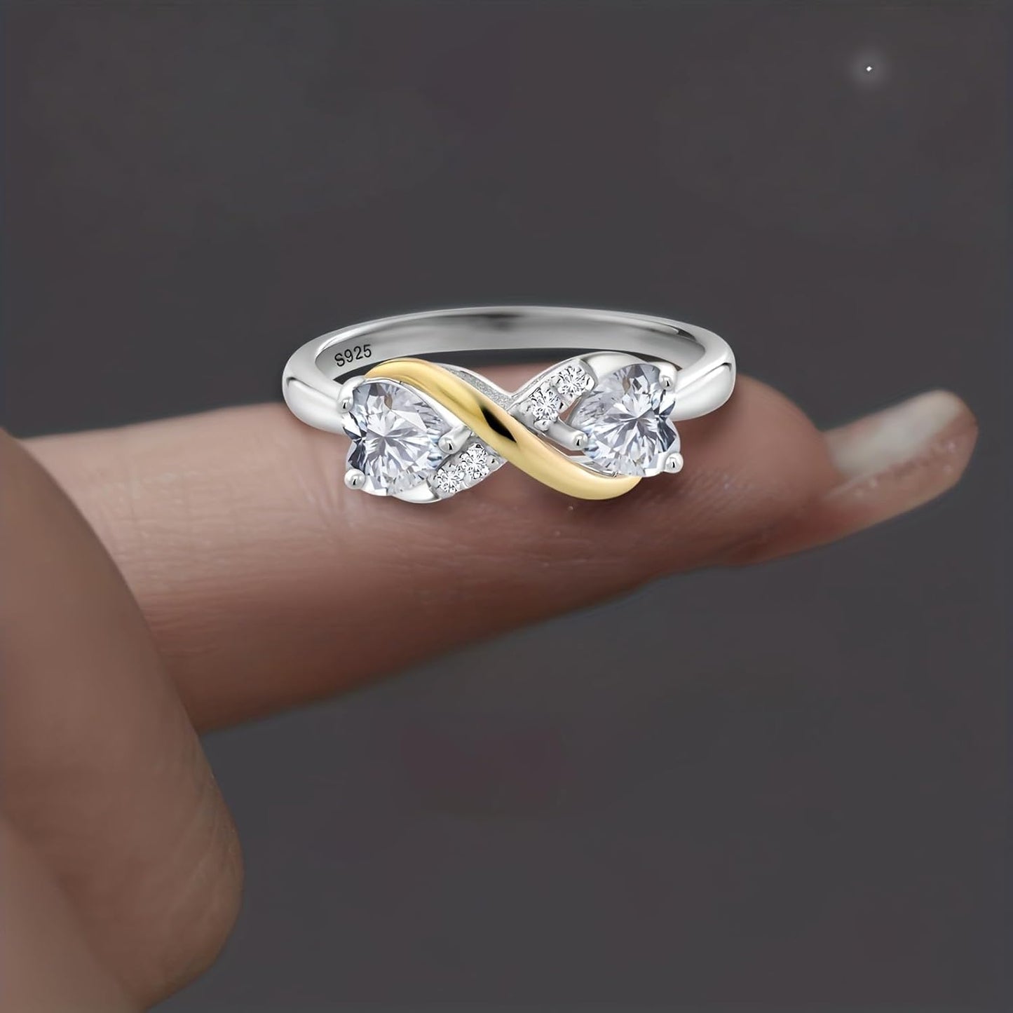 Mother and Daughter Infinity Love Ring, Two-Tone Heart-Shaped Zirconia Stone, S925 Sterling Silver, Diamond Accent