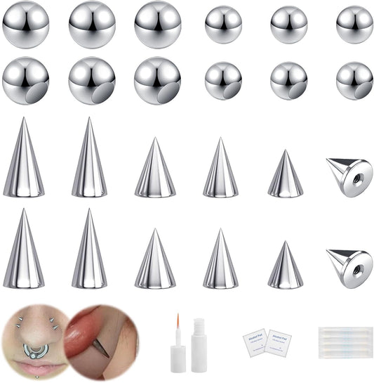 Bodyace 24Pcs Fake Nose Lip Labret Studs Eyebrow Rings, 3Mm 4Mm Replacement Balls Long Spike Cone with Eyelash Glue, Non-Piercing Body Jewelry Fake Skin Piercing