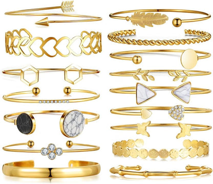 KISS WIFE Golden Bangles for Women, Adjustable Bangle Bracelets, Multi Layer Open Stackable Cuff Bracelet Set, Fashion Accessories Jewelry Gifts for Women