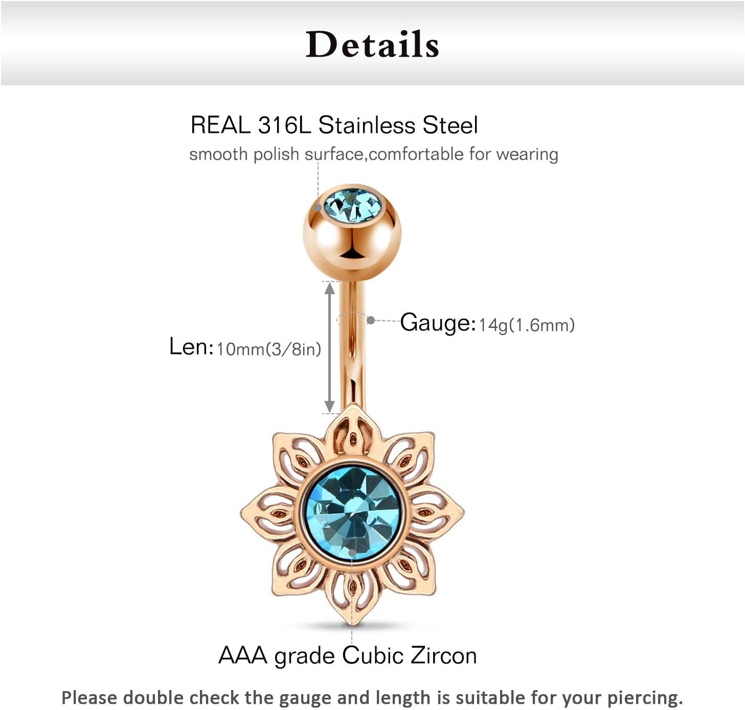 FECTAS 14G Belly Button Rings Surgical Steel CZ with Retainers Navel Ring Barbell for Women Body Piercing Jewelry Rose Gold Silver