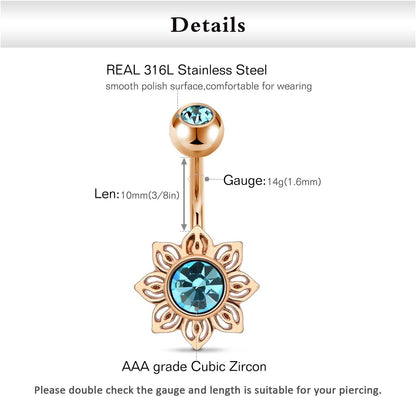 FECTAS 14G Belly Button Rings Surgical Steel CZ with Retainers Navel Ring Barbell for Women Body Piercing Jewelry Rose Gold Silver