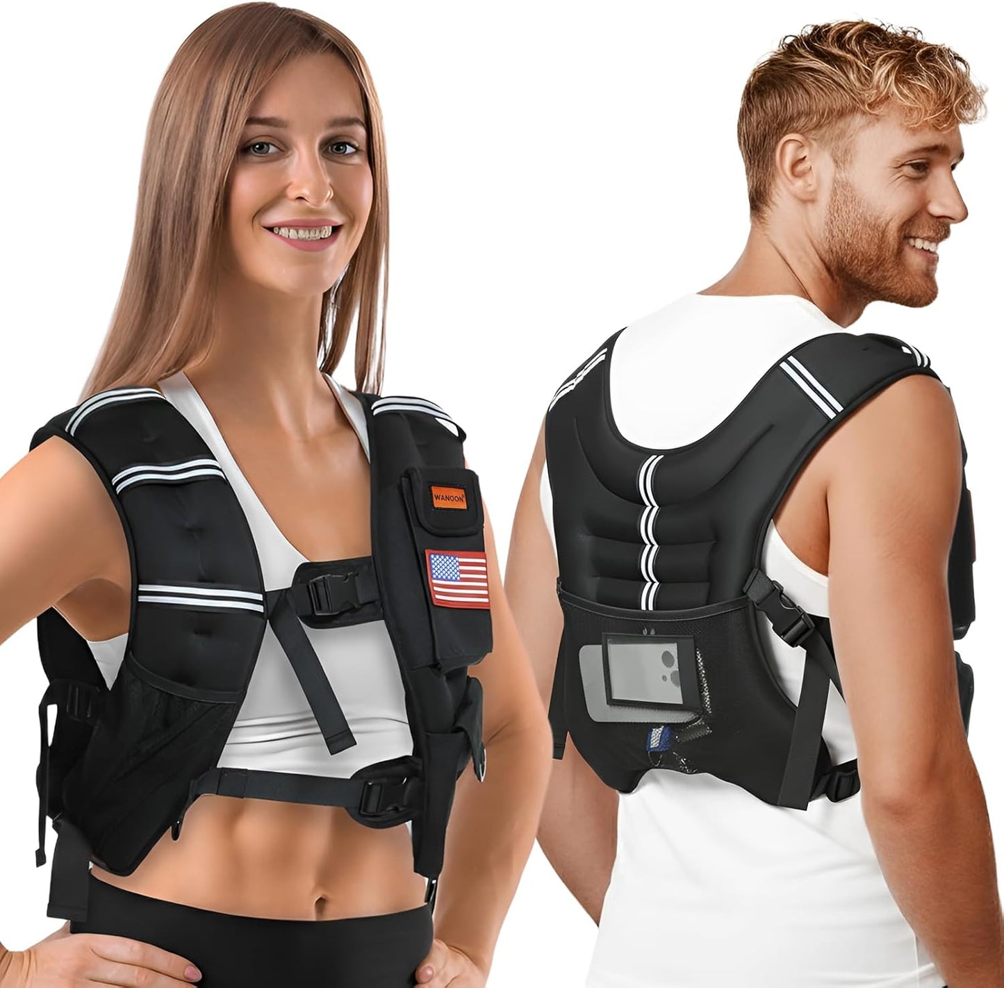 Adjustable weighted vest with phone pocket and reflective strips