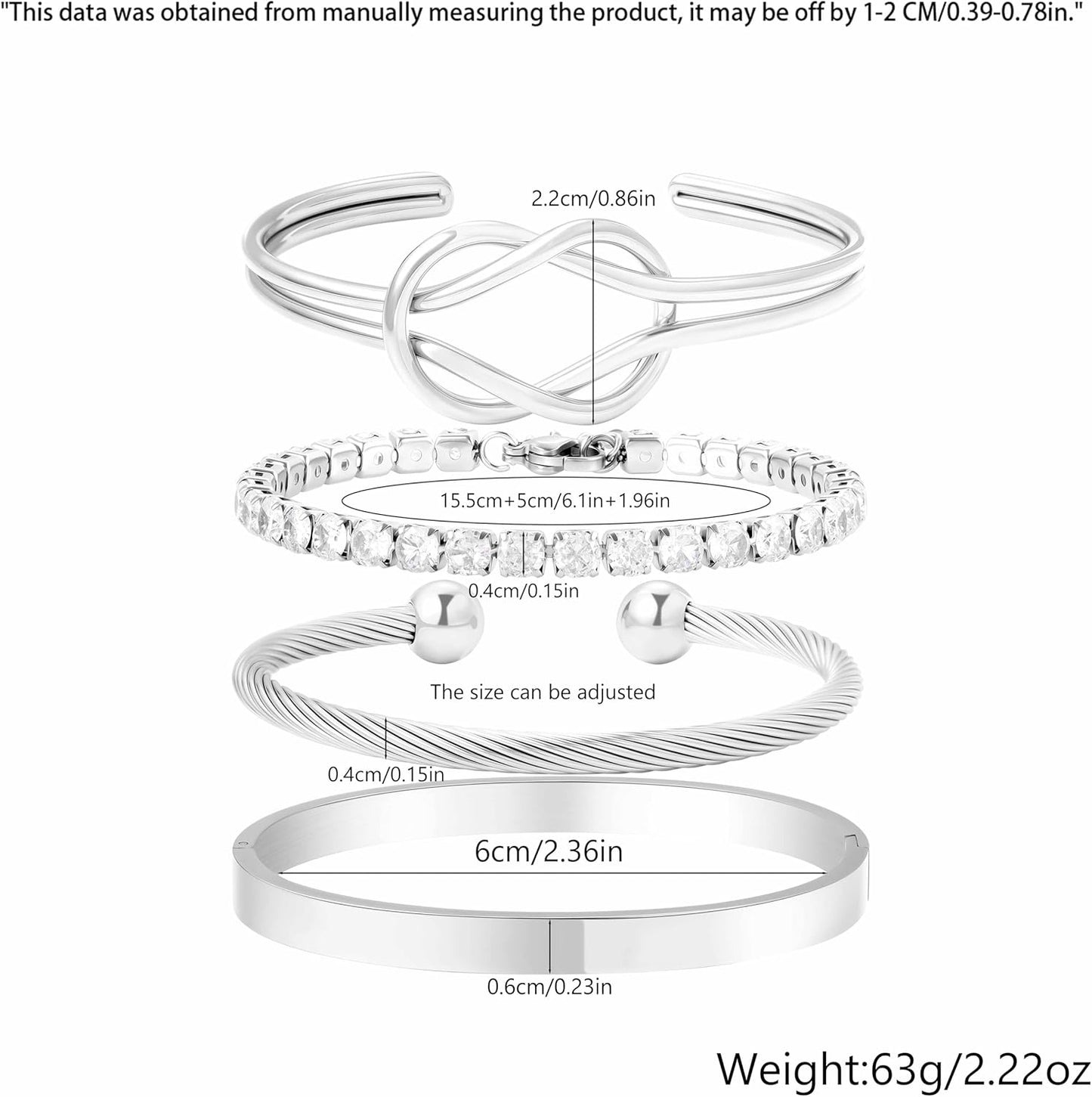 Gold Cuff Stack Bracelet for Women-18K Gold Plated Cubic Zirconia Tennis Bracelet, Love Bangle Stainless Steel Non-Tarnish Jewelry Set for Women Trendy