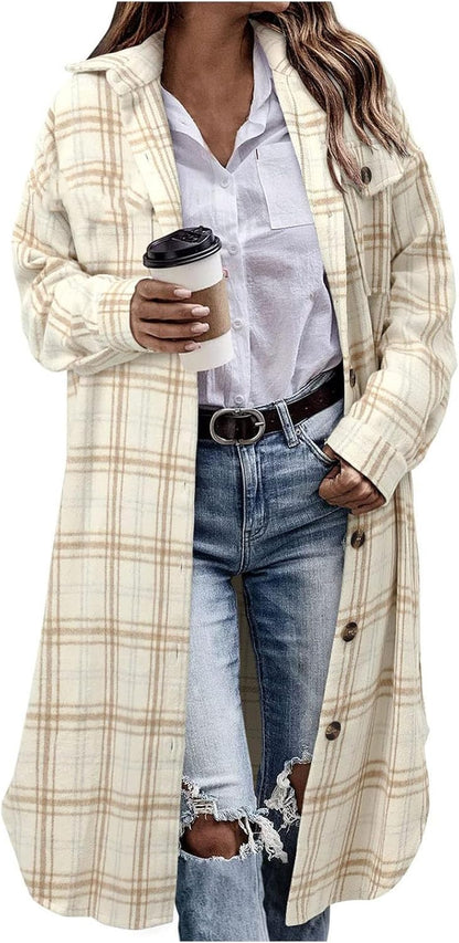 Flannel Shirt Women Plaid Jacket Womens Shacket Casual Lapel Button down Long Sleeve Trench Coat Warm Winter Jackets