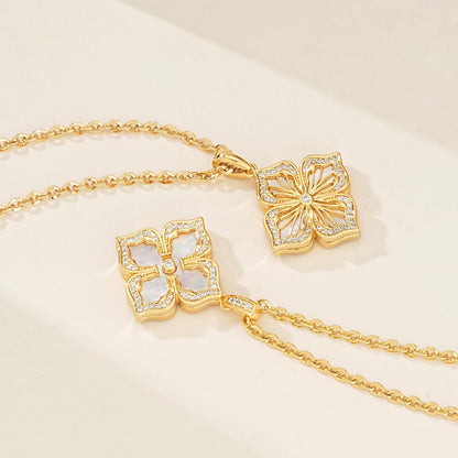 MEVECCO Gold Four Leaf Clover Necklace for Women 14K Gold Plated Clover Pendant Necklace Double Side with Diamond Vintage Filigree Flower Necklace Gift