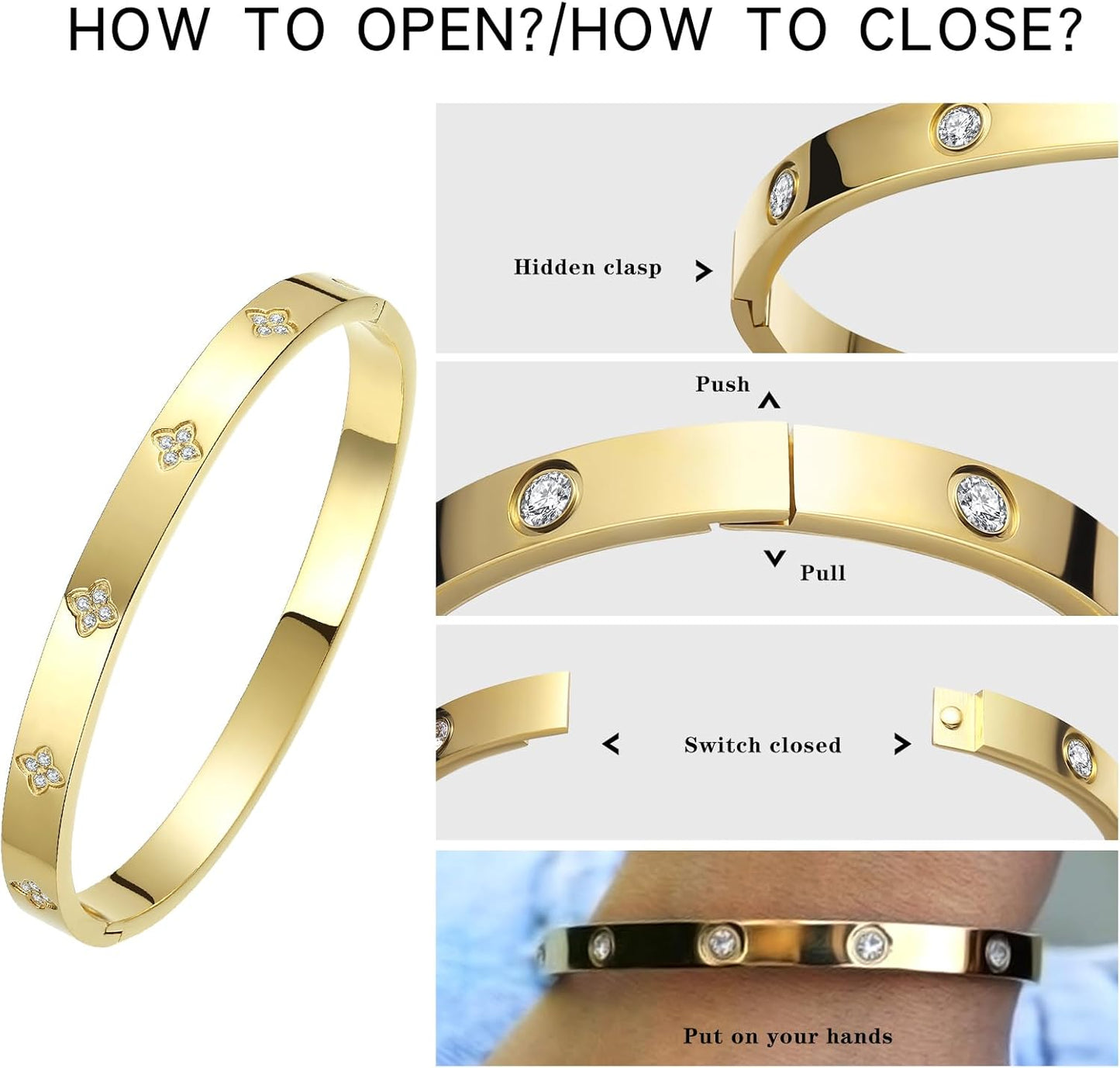 Gold Plated Bangle Bracelets for Women Four Leaf Clover Lucky Love Cubic Zirconia Bracelet