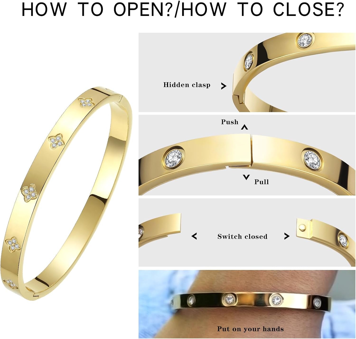 Gold Plated Bangle Bracelets for Women Four Leaf Clover Lucky Love Cubic Zirconia Bracelet