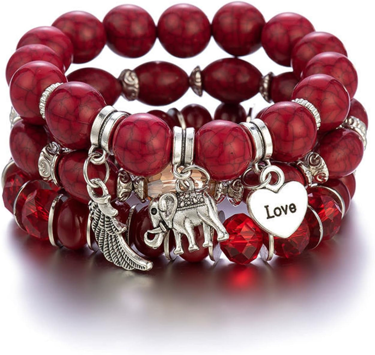 Caiyao Bohemian Stackable Wood Wooden Beads Elephant Charm Tassel Stretchy Bracelet Set for Women Men Multilayered Multicolor Acrylic Resin Seeds Bracelet Ethnic Jewelry Gift