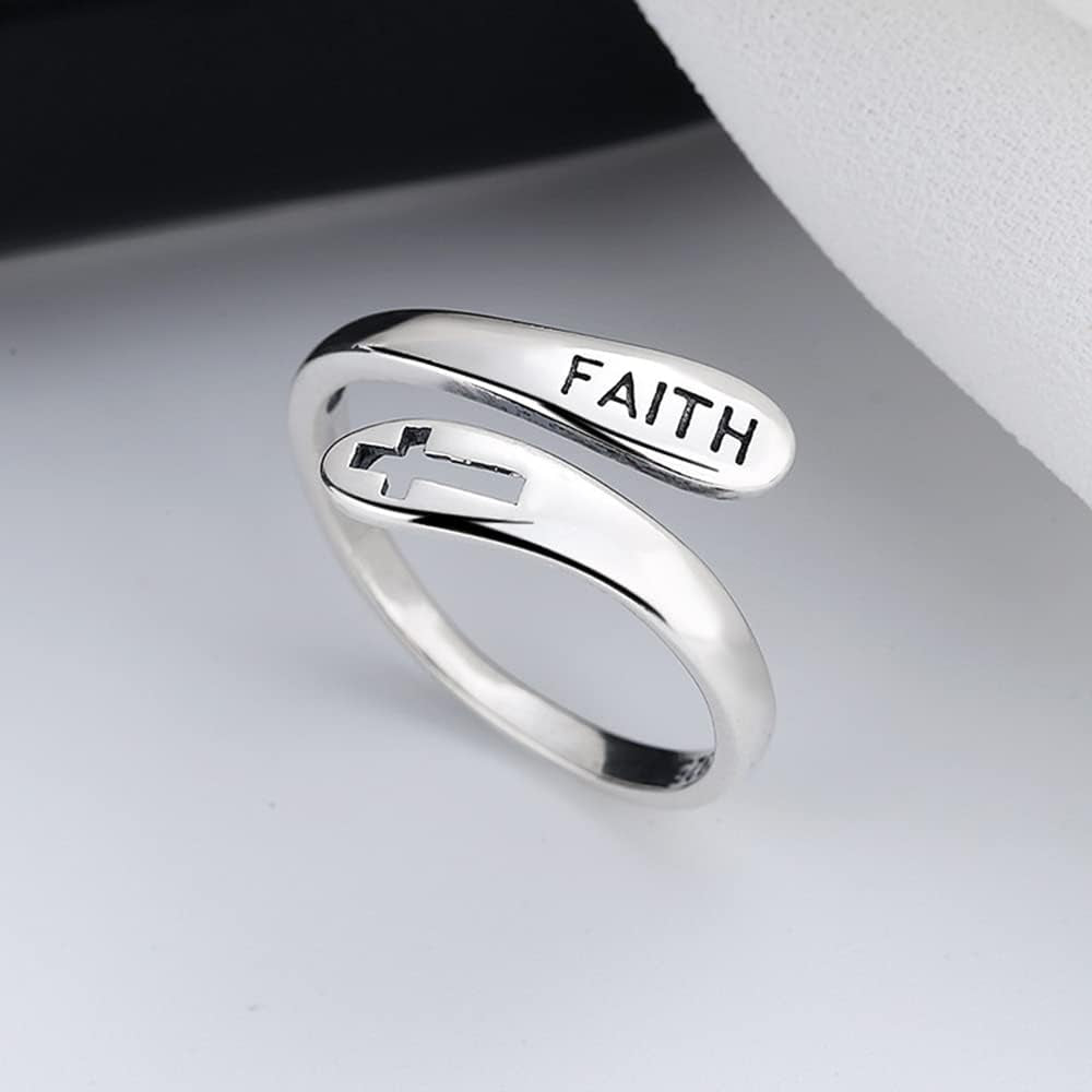 Faith Cross Sterling Silver Open Statement Rings Adjustable Minimalist Hope Love Eternity Wedding Band Promise Ring Wrap Finger Bands Fashion Jewelry for Women Men Xmas