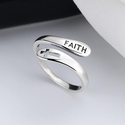 Faith Cross Sterling Silver Open Statement Rings Adjustable Minimalist Hope Love Eternity Wedding Band Promise Ring Wrap Finger Bands Fashion Jewelry for Women Men Xmas