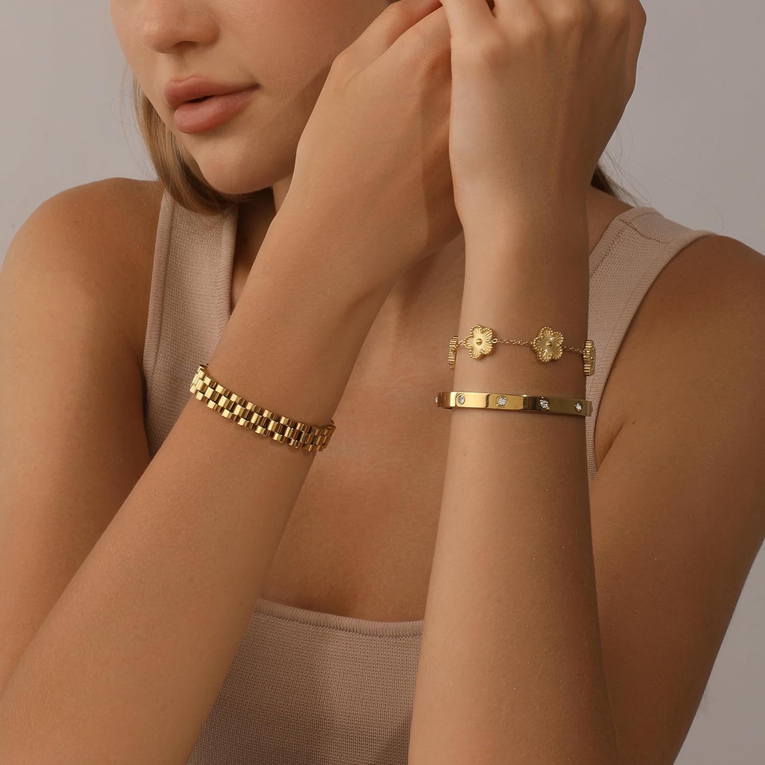 18K Gold Clover Bracelet for Women - Stackable Crystal Love Bangle & Friendship Link Bracelets, Non-Tarnish Stainless Steel Trendy Jewelry Gift with Adjustable Tool