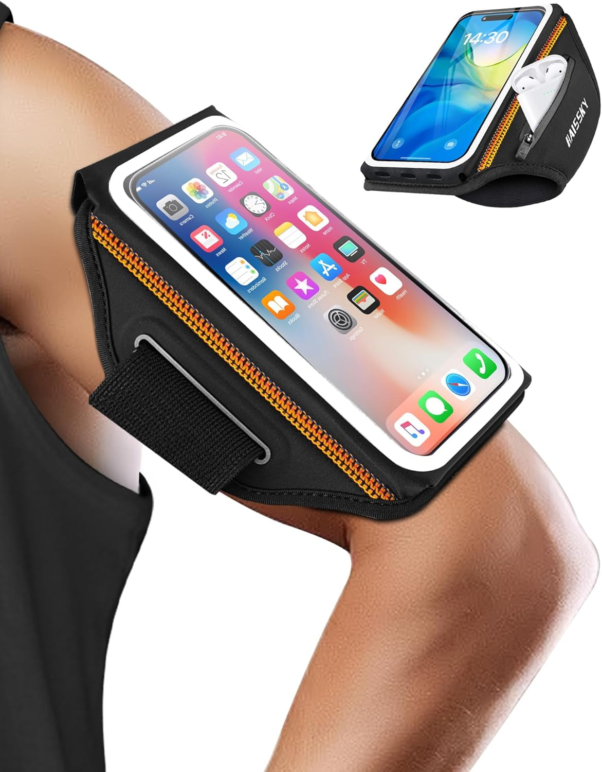 3D contoured running armband fitted on male athlete's arm