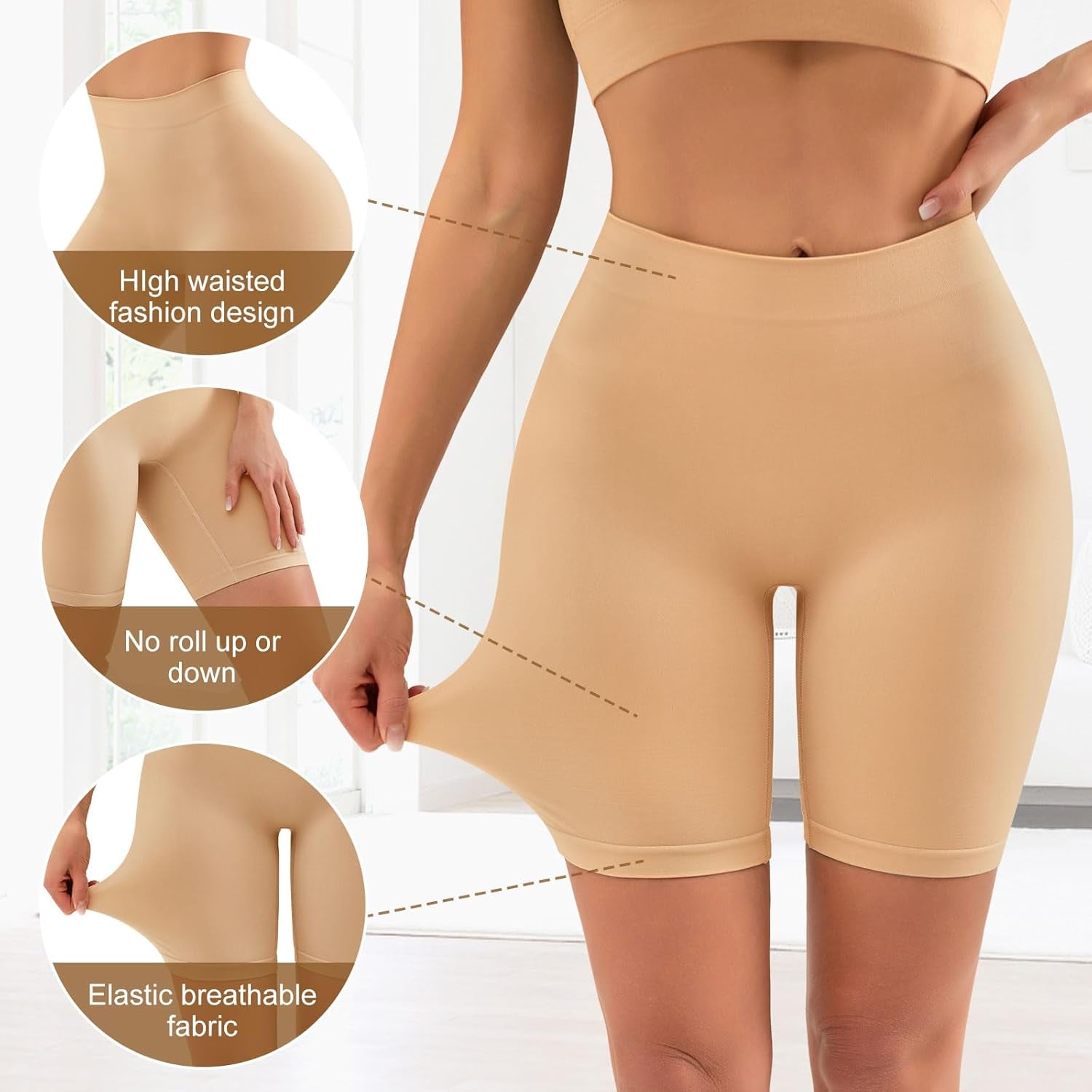 Woman demonstrating comfort of YADIFEN slip shorts under dress