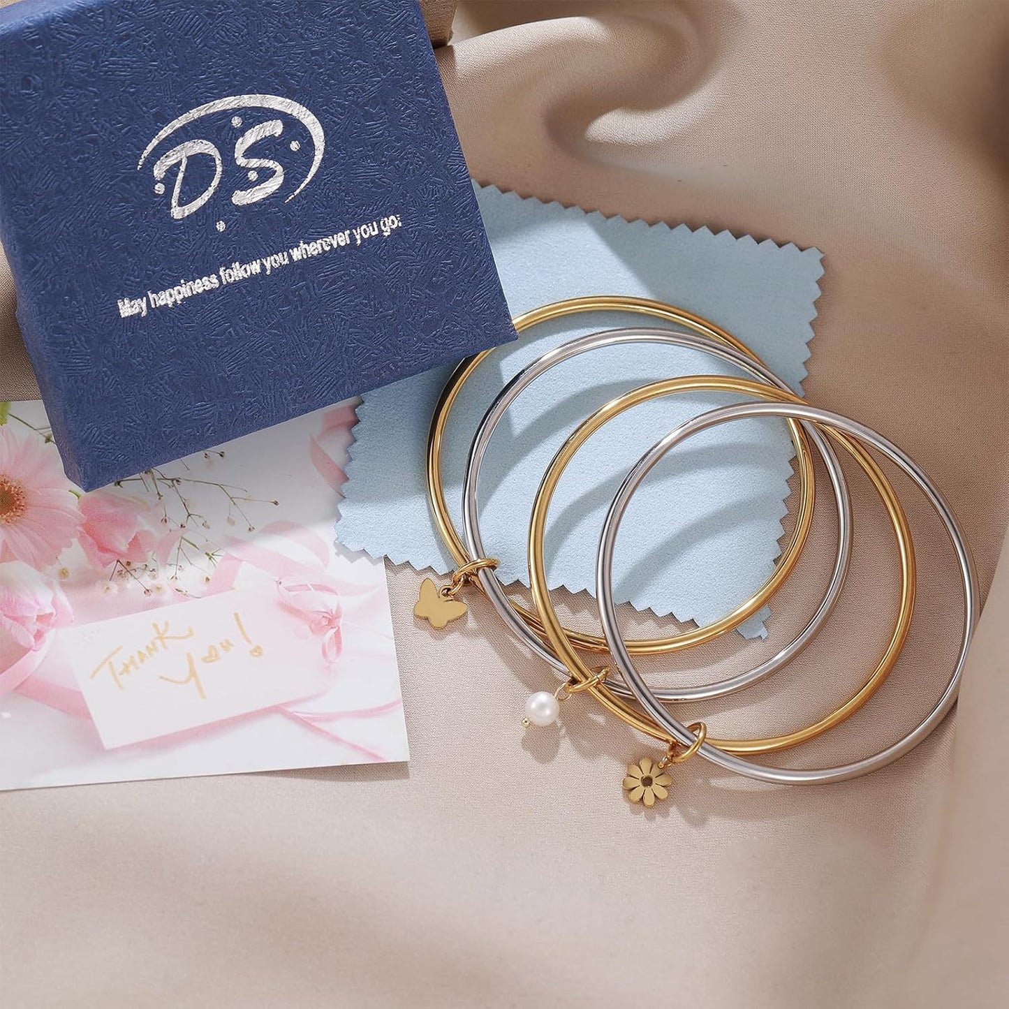 DS Bangle Bracelets for Women 18K Gold Plated Stainless Steel Layering Glossy Stackable Thin round Wire Cuff Bangle Bracelets Dainty Solid Polished Bracelet Minimalist Jewelry Best Gifts for Love