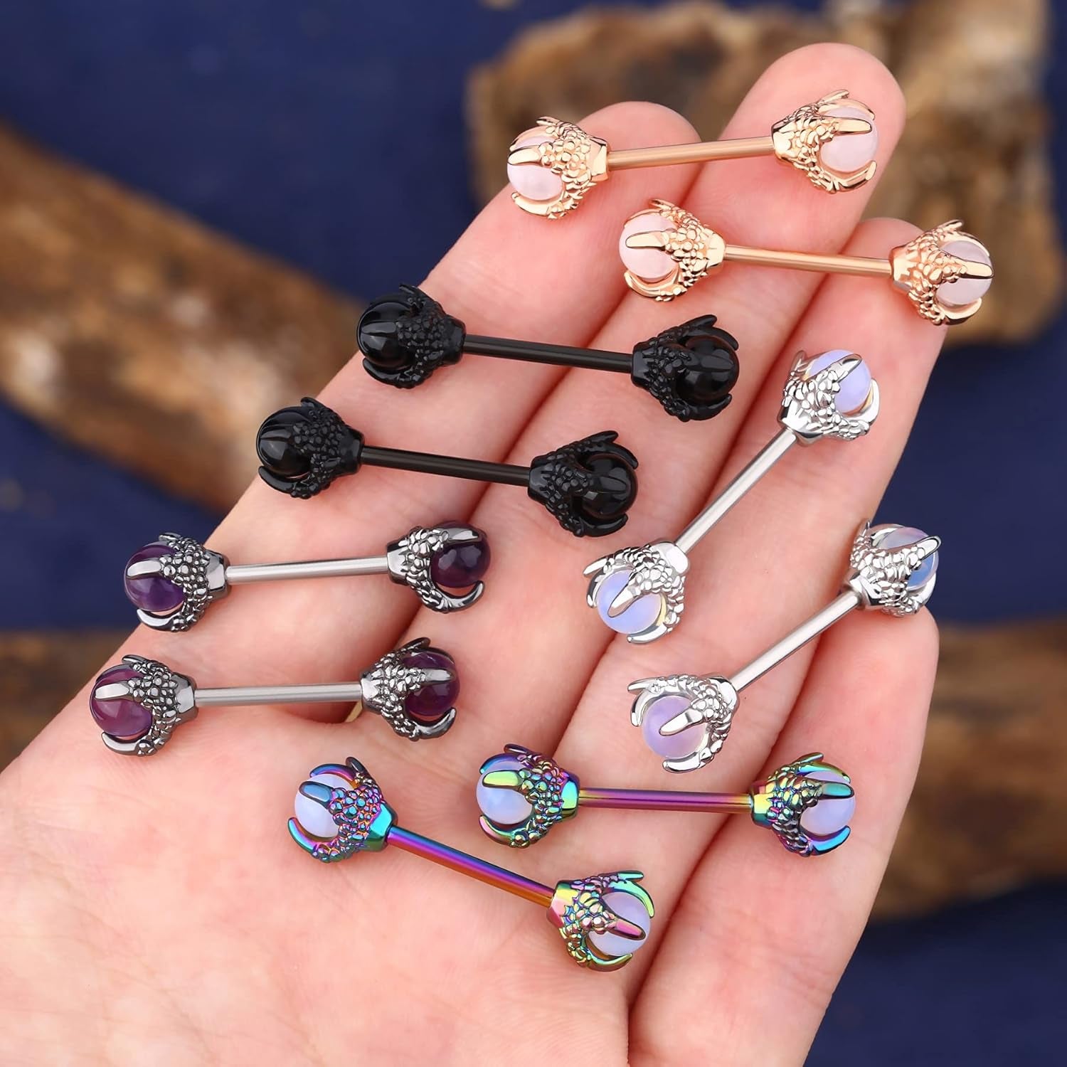 OUFER 14G Dragon Claw Nipple Rings with Natural Stone - 316L Stainless Steel Piercing Jewelry for Women