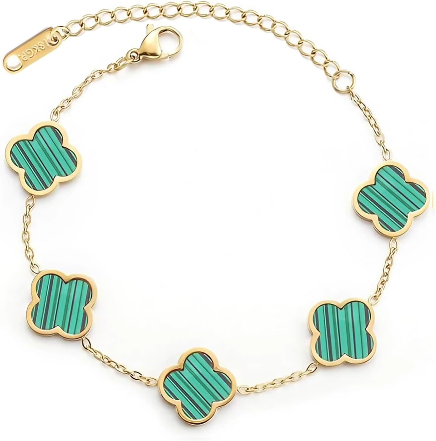 Double Sided 18K Gold Plated Clover Bracelet for Women, Dupe Four Leaf Flower Lucky Chain Bangle, Cute Jewelry Gift for Her Mom Wife