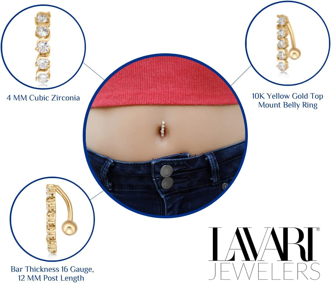 Lavari Jewelers 16 Gauge Top Mount Belly Ring for Women - 10K White or Yellow Gold 12 Mm Cubic Zirconia Belly Ring for Her - CZ Unisex Stud Hypoallergenic Piercing Jewelry - 16G Body Piercing for Men