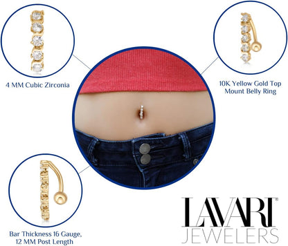 Lavari Jewelers 16 Gauge Top Mount Belly Ring for Women - 10K White or Yellow Gold 12 Mm Cubic Zirconia Belly Ring for Her - CZ Unisex Stud Hypoallergenic Piercing Jewelry - 16G Body Piercing for Men