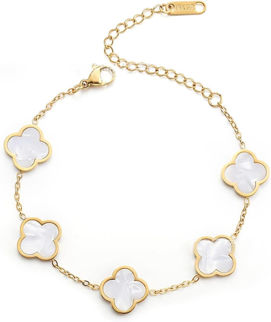 Women'S Four Leaf Clover 18K Gold Plated Lucky Bracelet, White/Black/Red/Blue Four Leaf Flower Adjustable Bracelet Women'S Fashion Jewelry Gifts