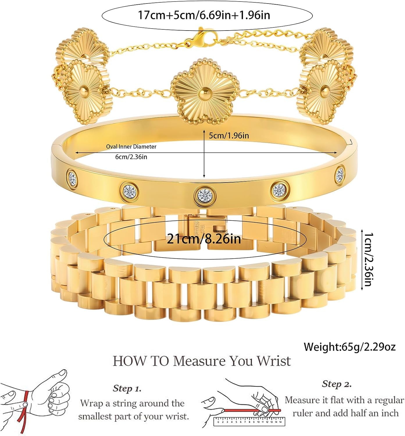 18K Gold Clover Bracelet for Women - Stackable Crystal Love Bangle & Friendship Link Bracelets, Non-Tarnish Stainless Steel Trendy Jewelry Gift with Adjustable Tool