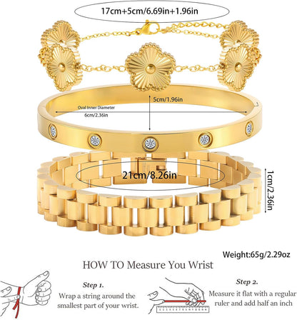 18K Gold Clover Bracelet for Women - Stackable Crystal Love Bangle & Friendship Link Bracelets, Non-Tarnish Stainless Steel Trendy Jewelry Gift with Adjustable Tool