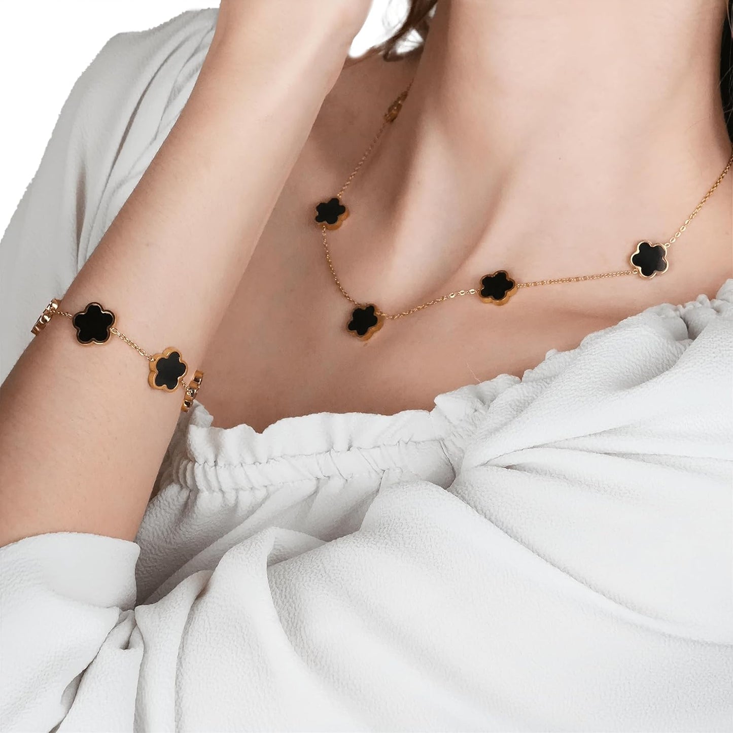 Five Leaf Clover Jewelry Set for Women |18K Gold Plated Bracelet Necklace Earrings | 5 Leaf Lucky Choker and Ear Studs for Mother and Daughter