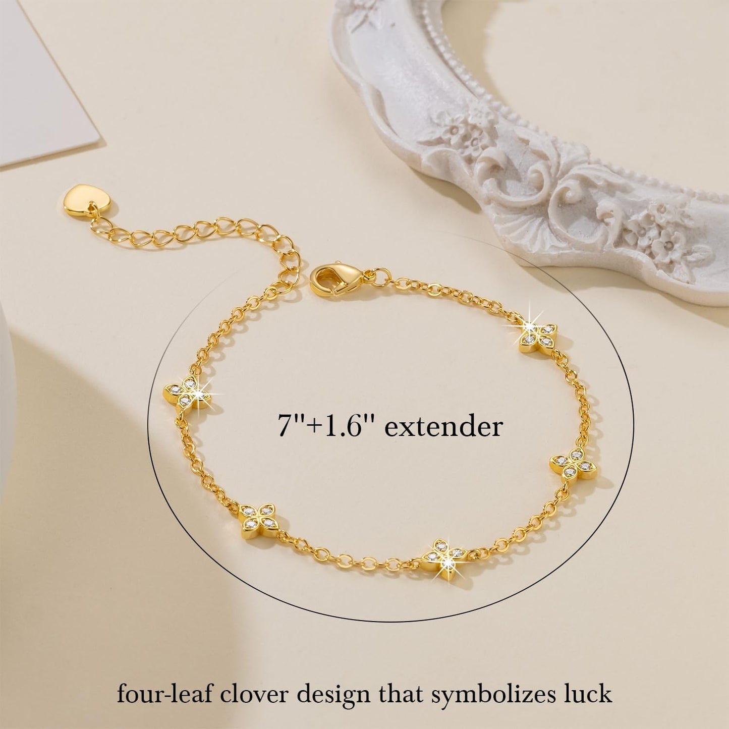VSNPO 14K Gold Bracelets for Women Gold Clover Bracelets for Women Chain Bracelet Classic Four-Leaf Clovers Element with Cubic Zirconia Trendy Womens Four Leaf Clover Bracelet