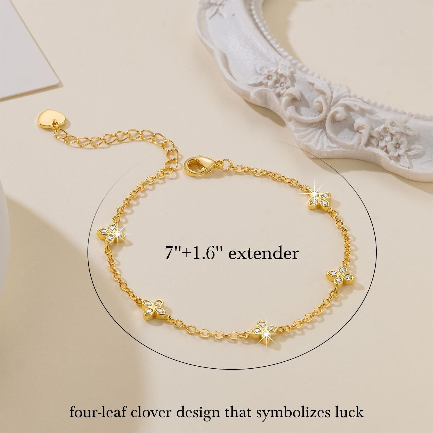 VSNPO 14K Gold Bracelets for Women Gold Clover Bracelets for Women Chain Bracelet Classic Four-Leaf Clovers Element with Cubic Zirconia Trendy Womens Four Leaf Clover Bracelet