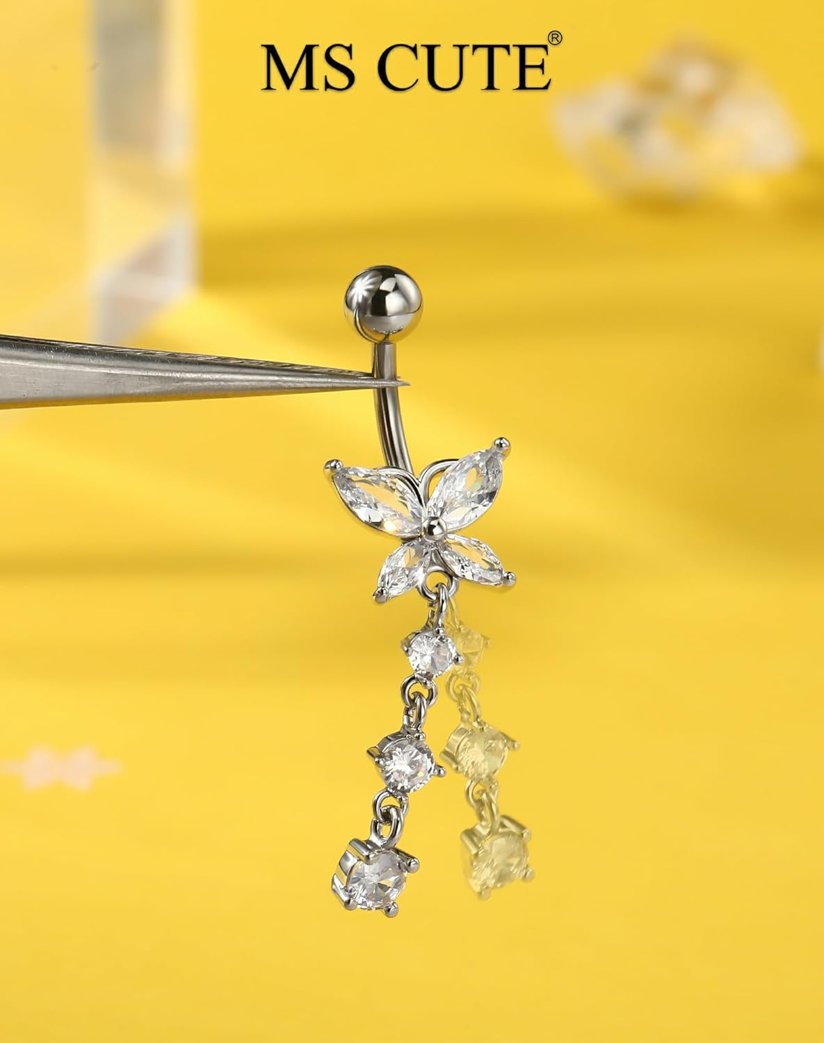 5PCS Belly Button Rings for Women 14G Dangle Navel Piercing Jewelry Set Surgical Stainless Steel Body Jewelry with CZ Butterfly Flower Teardrop Barbell for Beach Festival Daily