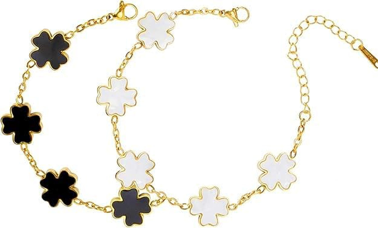 18K Gold Plated Clover Bracelet Set for Women,White Black Fashion Four Leaf Clover Lucky Bracelets,Trendy Link Bracelets Set Jewelry Gifts for Women