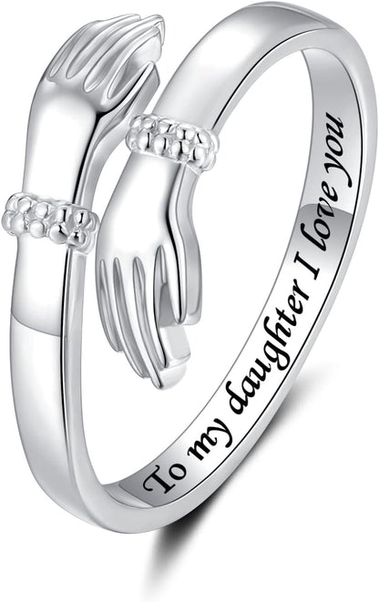 Step Forward Hug Ring for Women Sterling Silver, Adjustable Silver Hand Rings for Her, Birthday Anniversary Christmas Thanksgiving Day Gift Jewelry