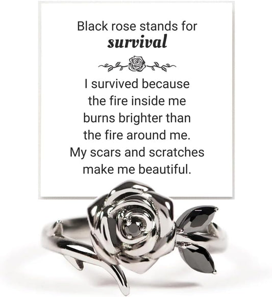 Burned and Survived Self-Love Black Rose Ring, Blooming from Darkness Black Rose Rings Love All Parts of Yourself Creative Personalized Therapeutic Gifts Jewelry