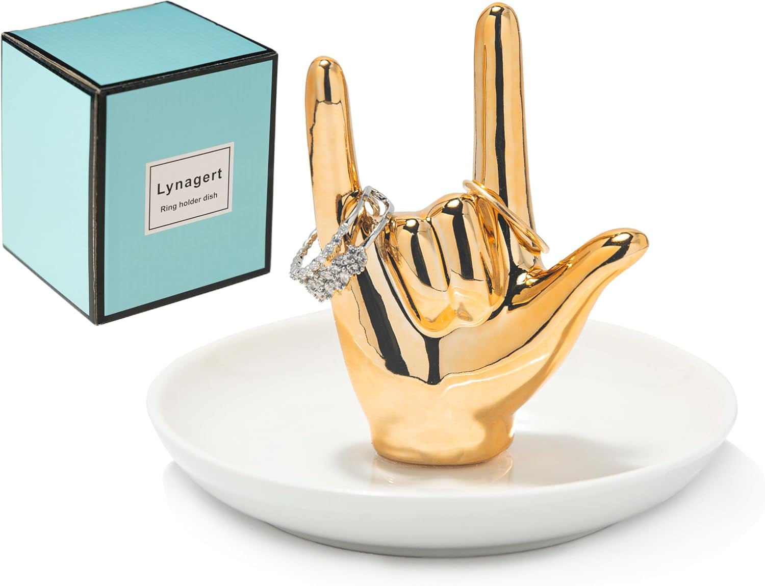 Close-up of white ceramic hand ring holder showing fine craftsmanship