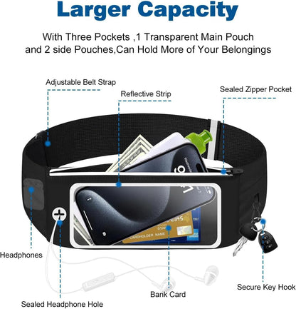 Fitness belt with sweatproof material and secure phone window design