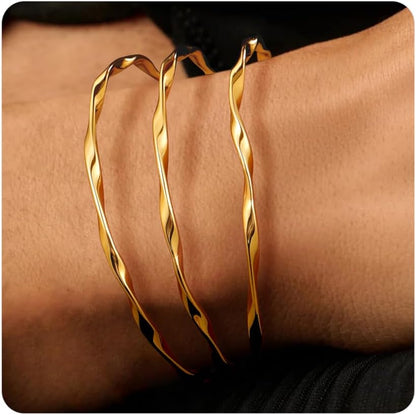 18K Gold Plated Bangles for Women Stainless Steel Glossy Stackable Thin round Bracelets Solid Plain Polished Bangles Bracelets Set of 3 Jewelry for Women