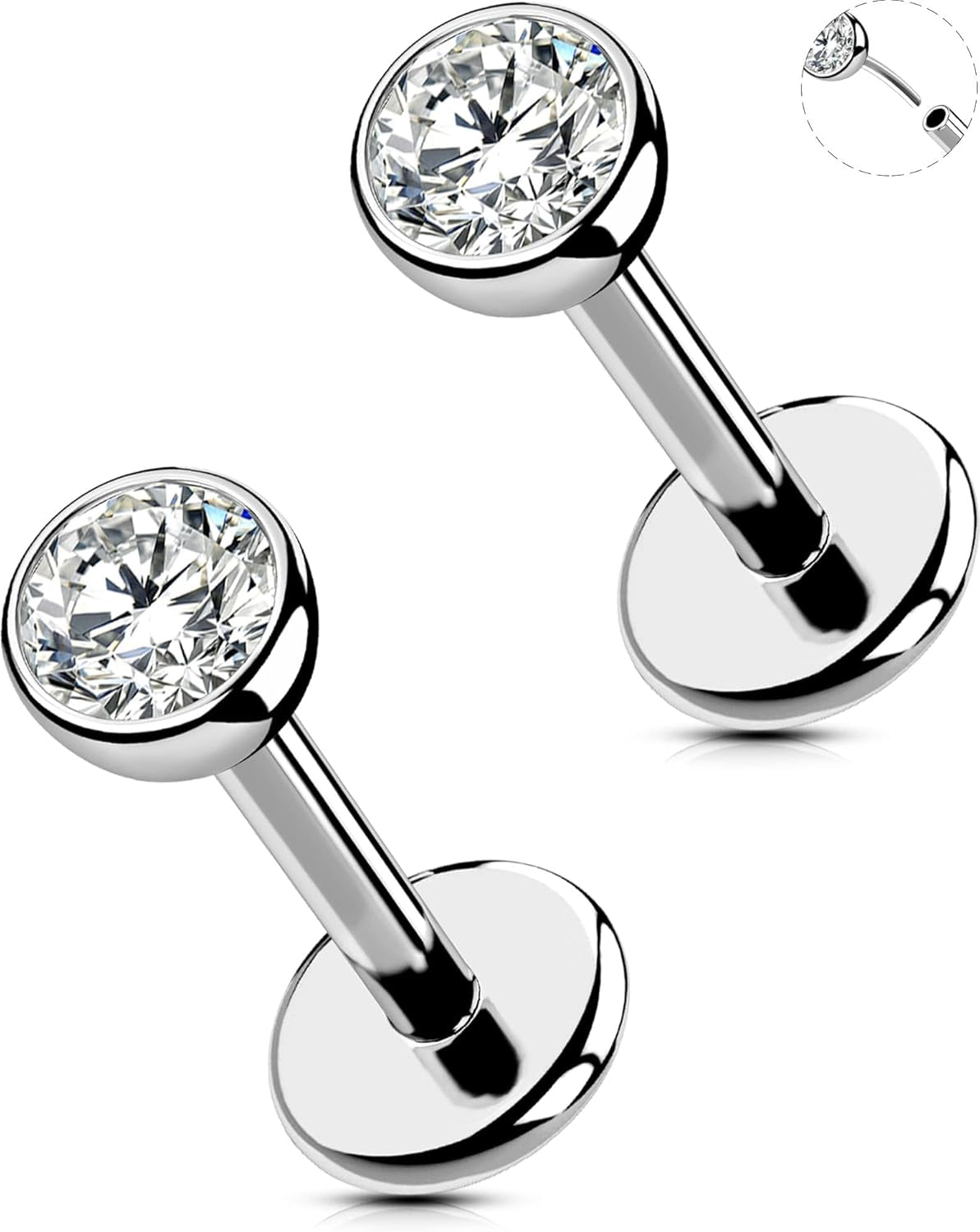 OUFER 2Pcs 20G/18G/16G G23 Titanium Threadless Nose Stud Earrings Flat Back Tiny CZ Small Nose Helix Cartilage Tragus Conch Labret Medusa Monroe Piercing Jewelry for Women Men