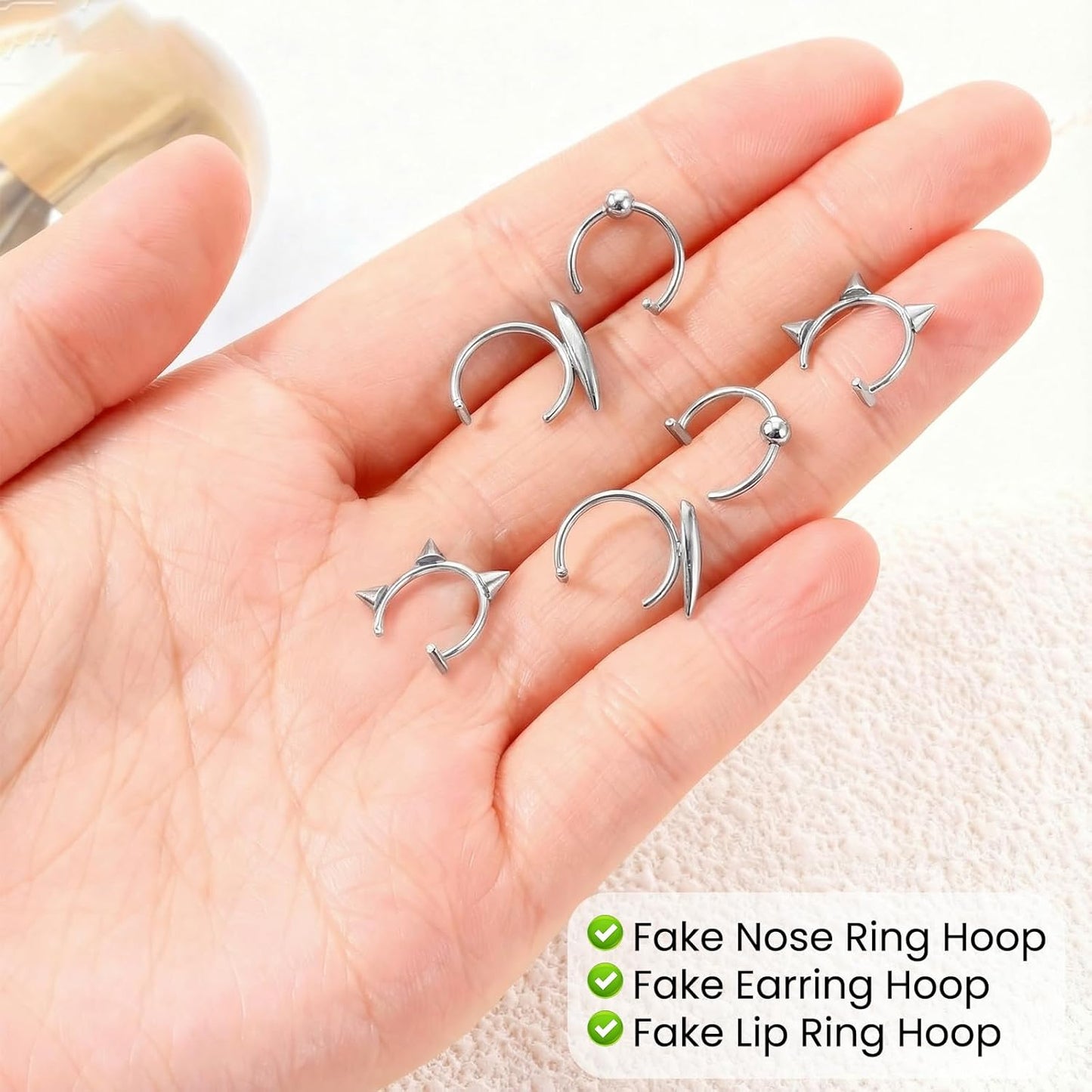 12 Pcs Wolf Teeth Ring Vampire Teeth Ring Stainless Steel Fake Lip Rings Non-Piercing Fake Ear Cuff Lip Cuff Septum Nose Rings for Halloween Accessories (Silver)