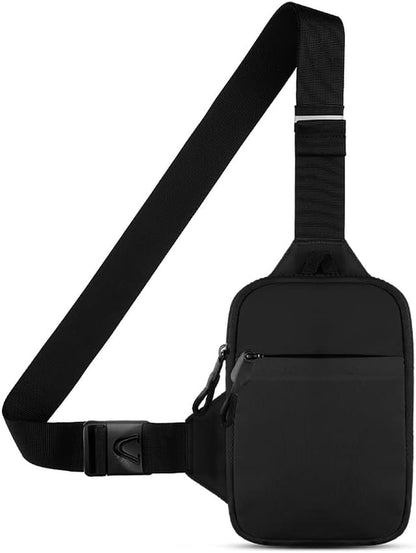 Simptech mini crossbody sling bag in black with dual pockets displayed