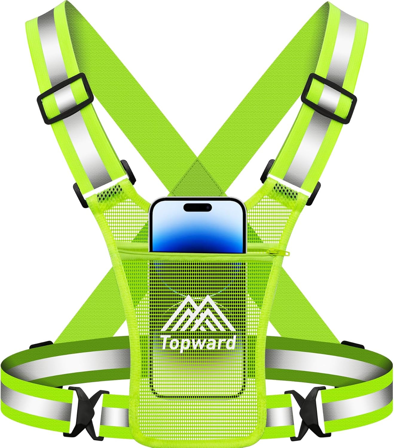 Women's reflective running vest with chest phone holder on active runner