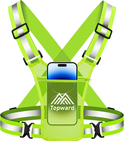 Women's reflective running vest with chest phone holder on active runner
