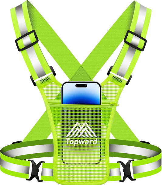 Women's reflective running vest with chest phone holder on active runner
